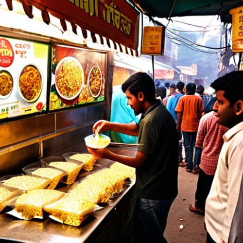 Home 4 **
A bustling Indian street scene, capturing the fast-paced urban lifestyle. Focus on a young professional quickly grabbing a packet of instant noodles (e.g., Maggi, Yippee) from a street vendor's stall. The stall is brightly lit, with various ready-to-eat options displayed. The overall feel should be convenient but hint at the nutritional trade-offs. Diwali decorations can be visible in the background.
**