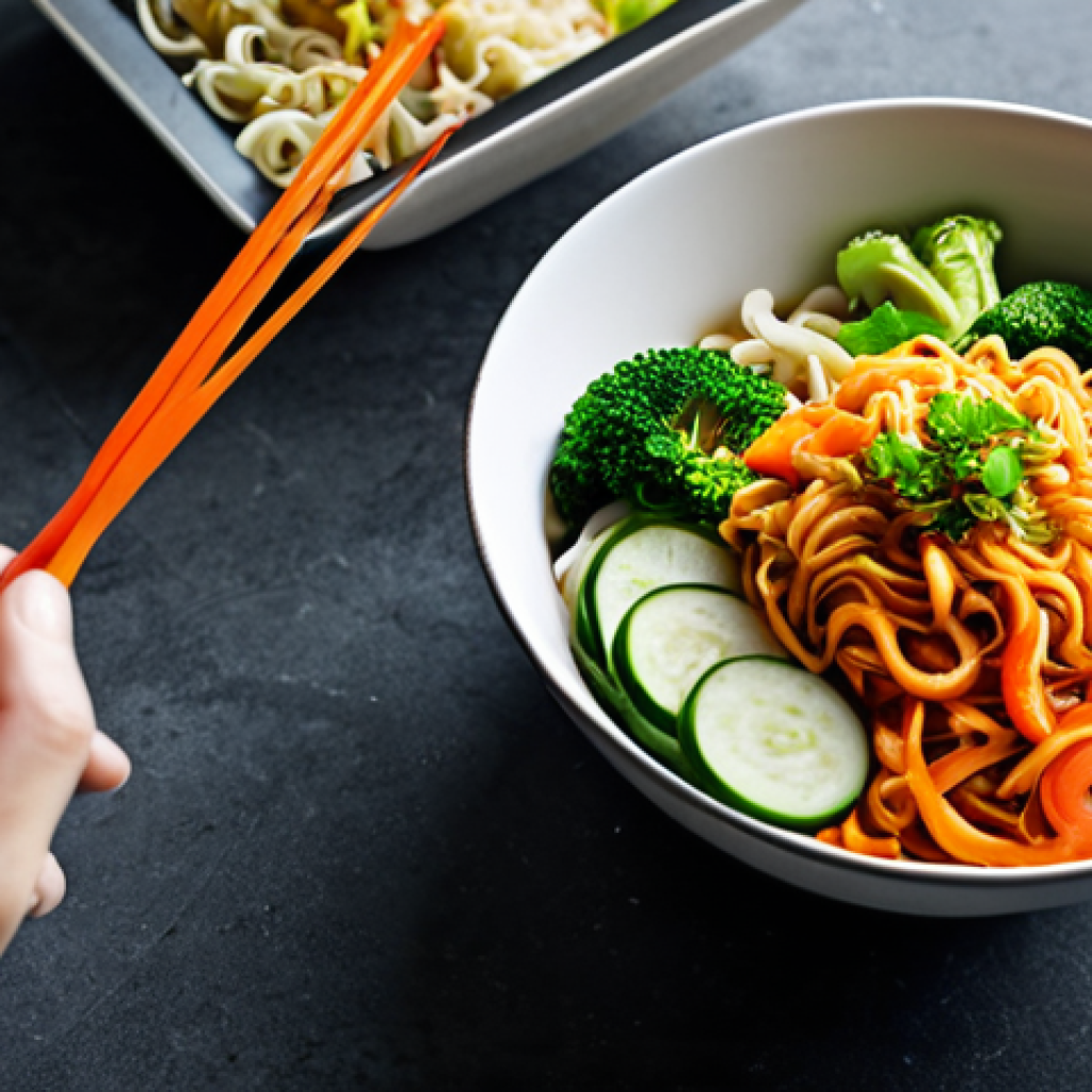 **

"A family-friendly scene of a person adding vegetables (carrots, bell peppers, cabbage) to a bowl of instant noodles, fully clothed, modest clothing, kitchen background, safe for work, perfect anatomy, natural proportions, professional food photography, high quality, appropriate content."

**