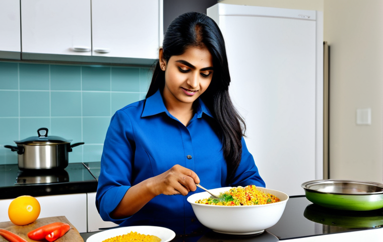 **

A modern Indian woman in a fully clothed professional business suit, quickly preparing a simple meal (like upma or poha) in a clean, bright, and modern kitchen. The scene emphasizes speed and convenience, but also hints at a healthy choice.  Safe for work, appropriate content, professional, modest, family-friendly, perfect anatomy, natural proportions, well-formed hands, proper finger count.

**