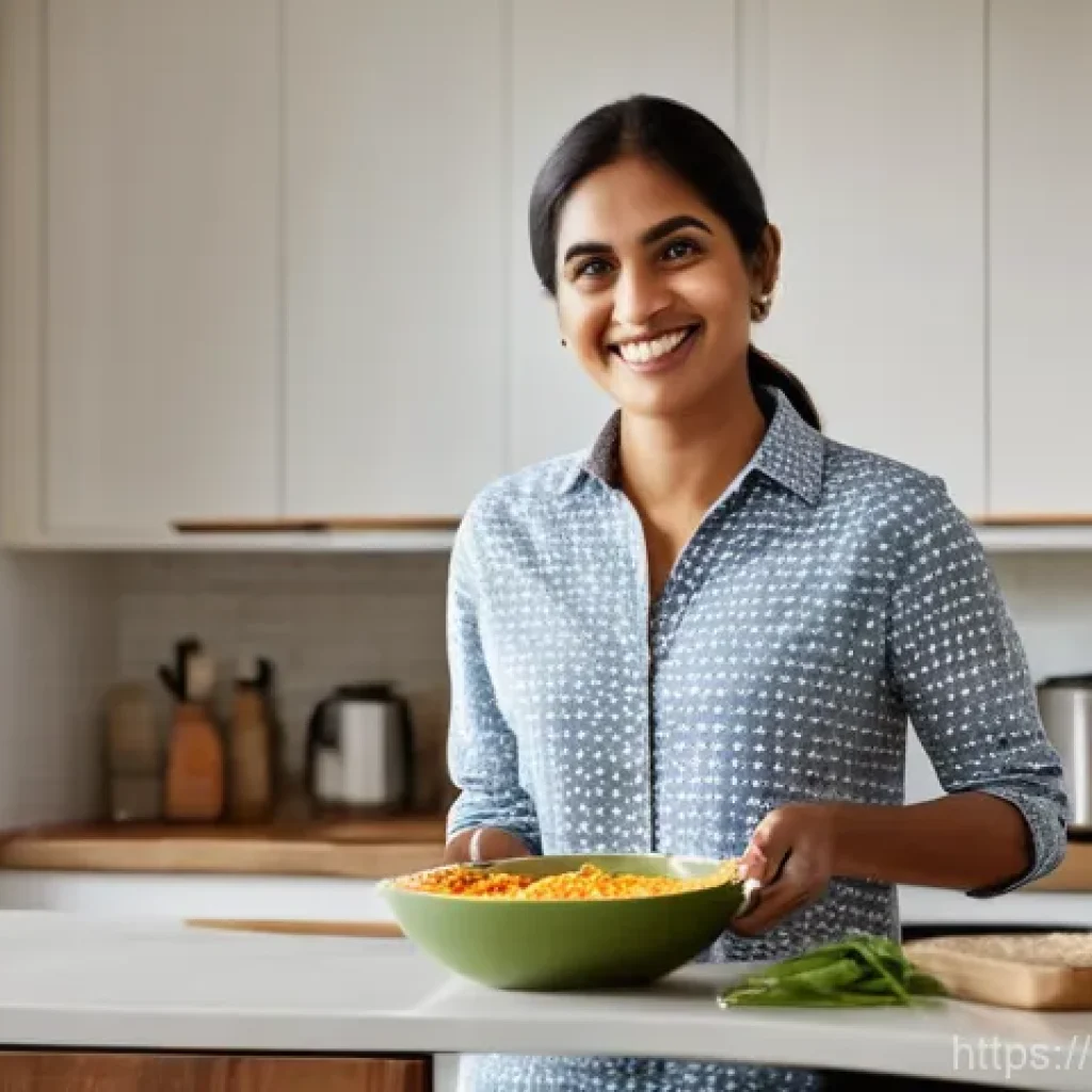 인스턴트 간편식의 장점 - **Prompt:** A young, successful professional woman in her early 30s, dressed in stylish yet modest b...