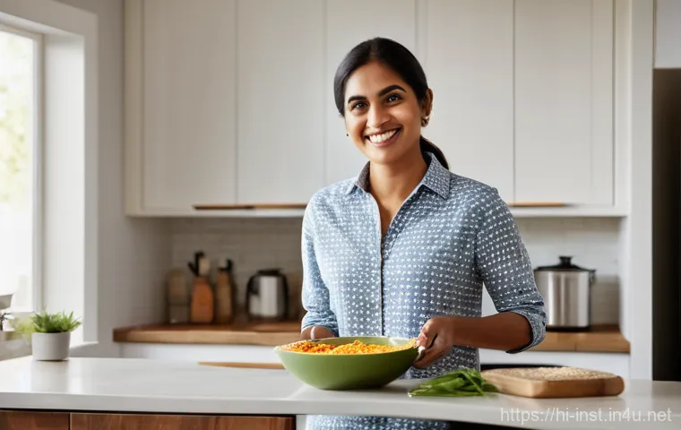 인스턴트 간편식의 장점 - **Prompt:** A young, successful professional woman in her early 30s, dressed in stylish yet modest b...