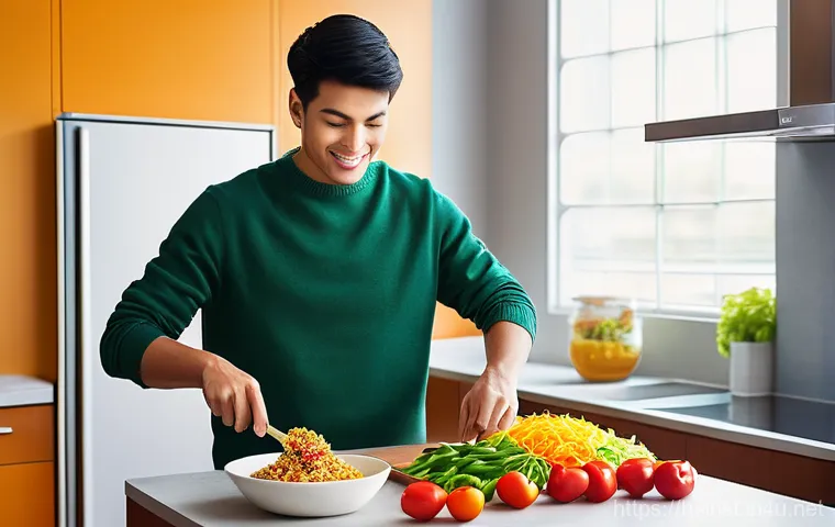 인스턴트 식품 구매 팁 - **Prompt:** A dynamic and brightly lit modern kitchen or office pantry scene. A diverse group of ind...