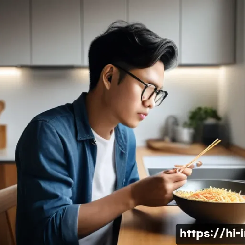인스턴트 음식 영양성분 확인 - **A busy young professional, dressed in smart casual clothes, quickly eating a bowl of instant noodl...