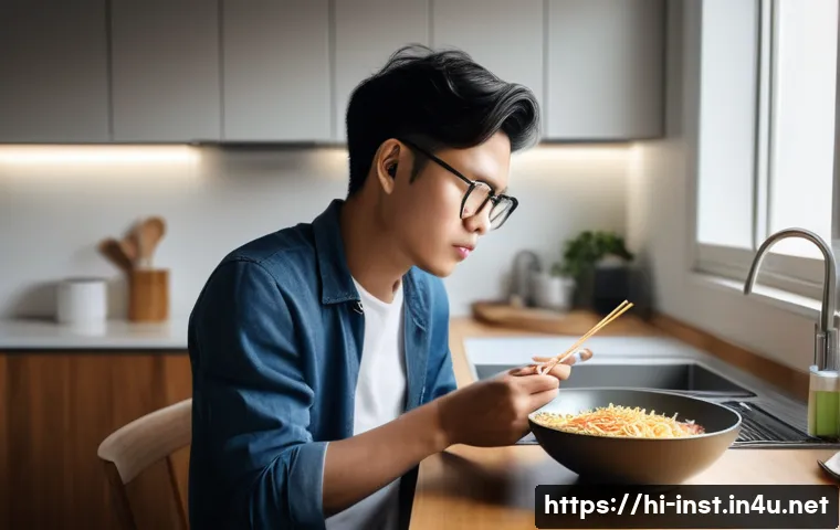 인스턴트 음식 영양성분 확인 - **A busy young professional, dressed in smart casual clothes, quickly eating a bowl of instant noodl...