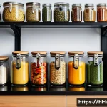 인스턴트 식품의 보관법 - A bright, modern kitchen shelf neatly organized with various instant foods stored in airtight glass ...