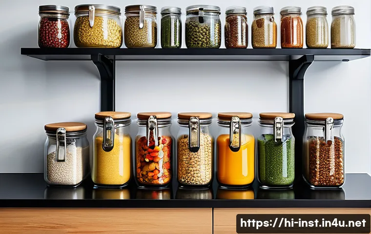 인스턴트 식품의 보관법 - A bright, modern kitchen shelf neatly organized with various instant foods stored in airtight glass ...