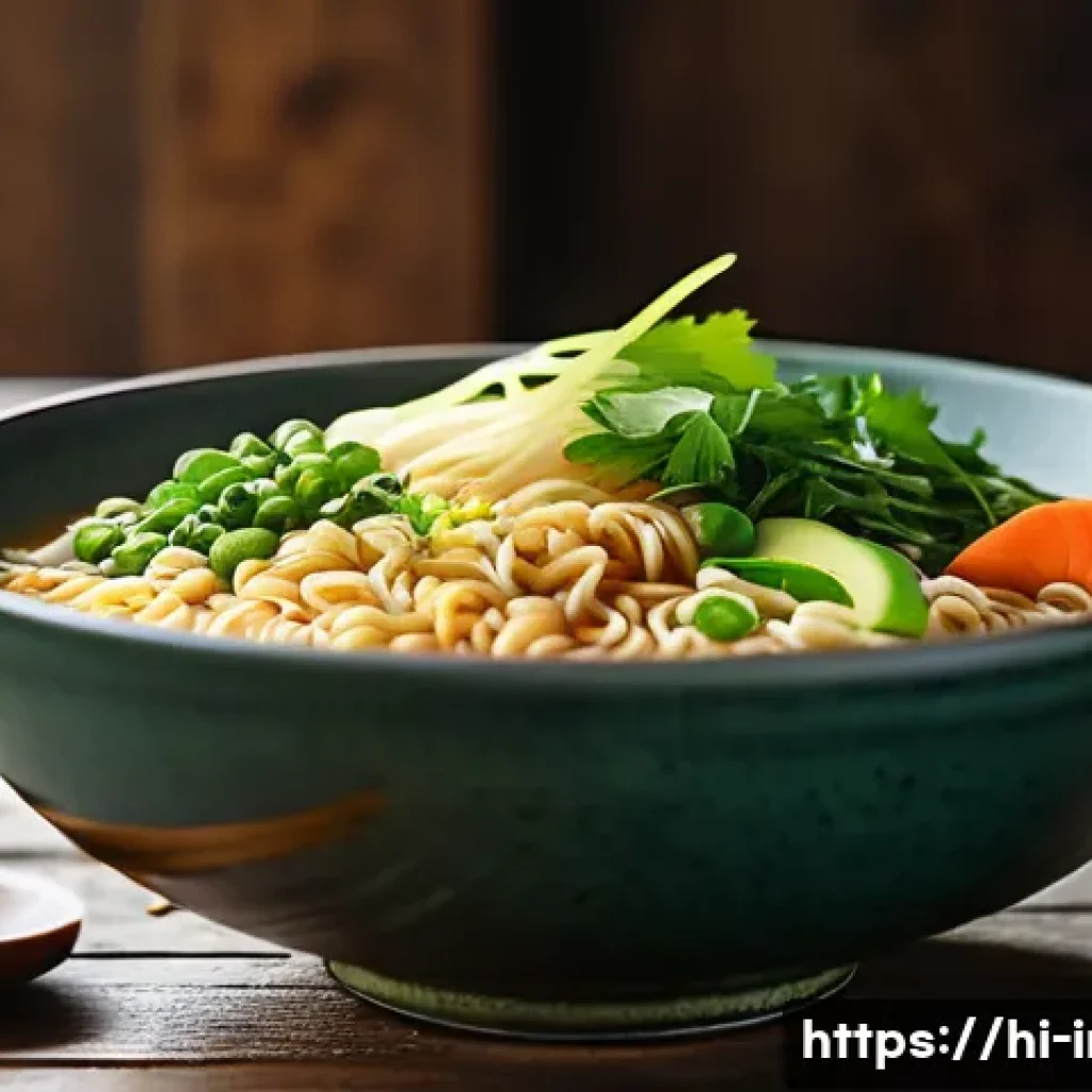 가장 저렴한 인스턴트 라면 - A vibrant, close-up image of a steaming bowl of instant ramen noodles on a rustic wooden table, garn...
