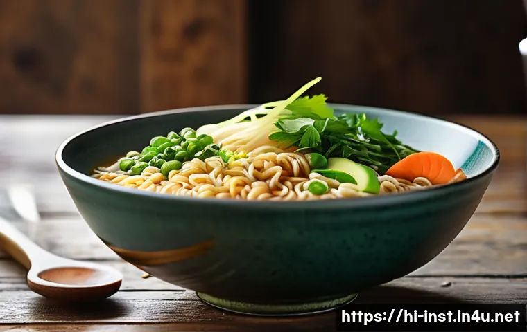 가장 저렴한 인스턴트 라면 - A vibrant, close-up image of a steaming bowl of instant ramen noodles on a rustic wooden table, garn...