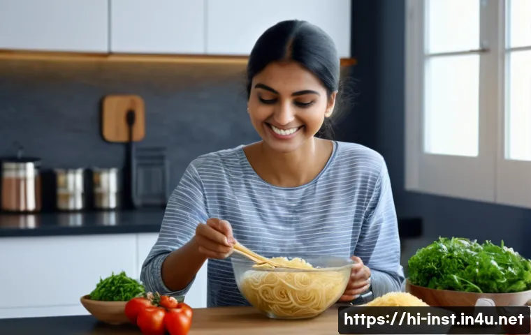 가성비 인스턴트 식품 - A vibrant and detailed kitchen scene featuring a young Indian professional woman in casual attire pr...