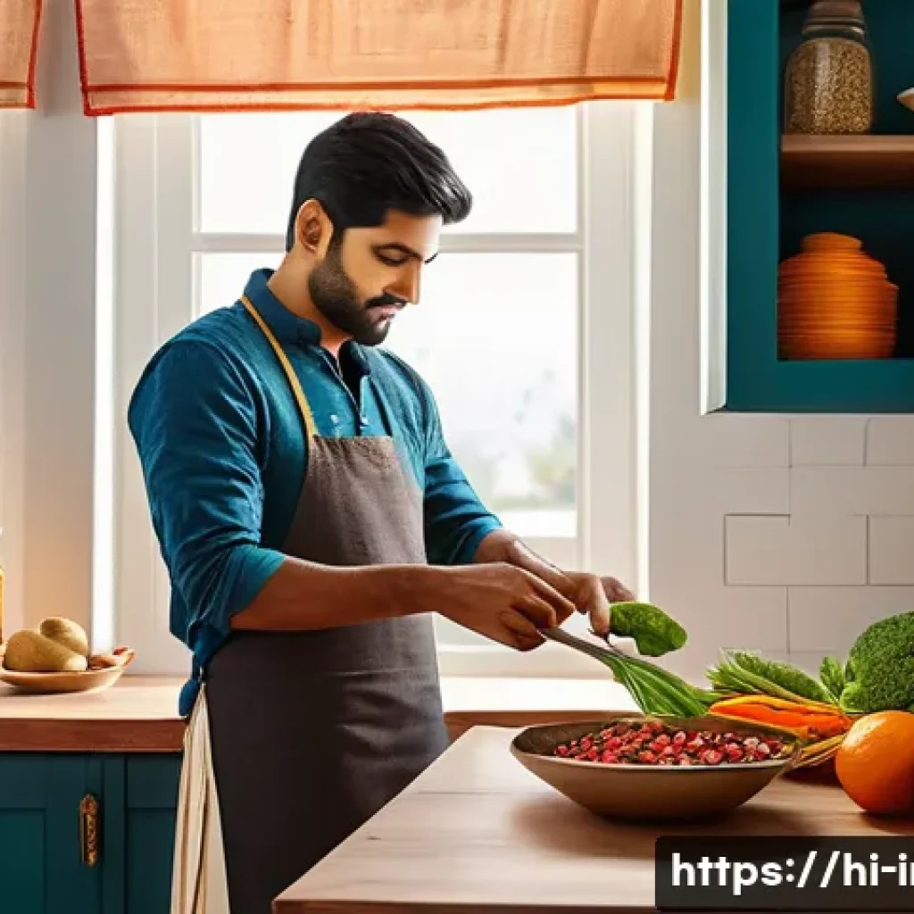 인스턴트 식품의 영양 불균형 - A detailed, realistic kitchen scene featuring a young Indian man preparing a fresh homemade meal wit...