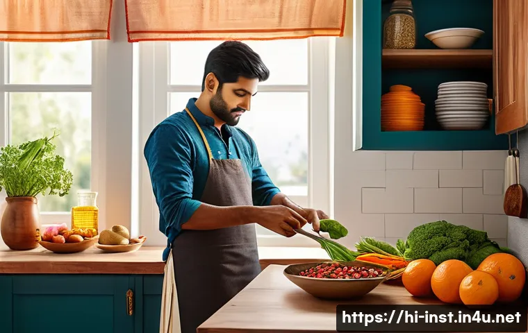 인스턴트 식품의 영양 불균형 - A detailed, realistic kitchen scene featuring a young Indian man preparing a fresh homemade meal wit...
