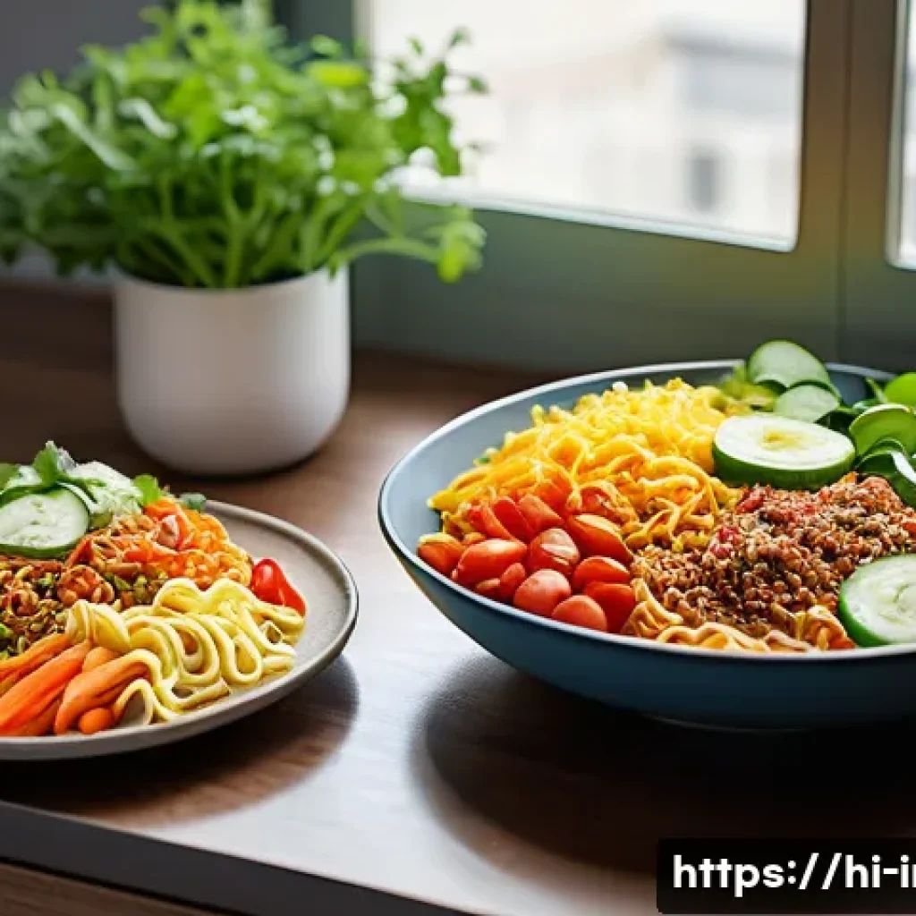 간편식 제품의 다양성 - A vibrant, modern kitchen scene showcasing a variety of quick and nutritious Indian-inspired meals o...