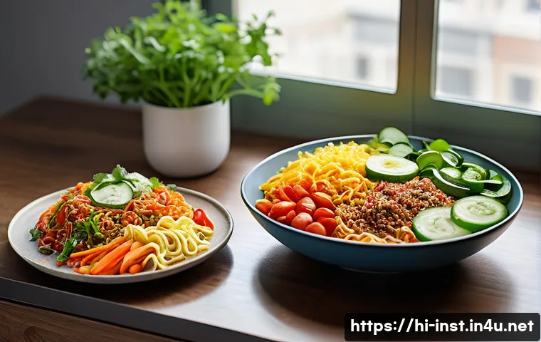 간편식 제품의 다양성 - A vibrant, modern kitchen scene showcasing a variety of quick and nutritious Indian-inspired meals o...