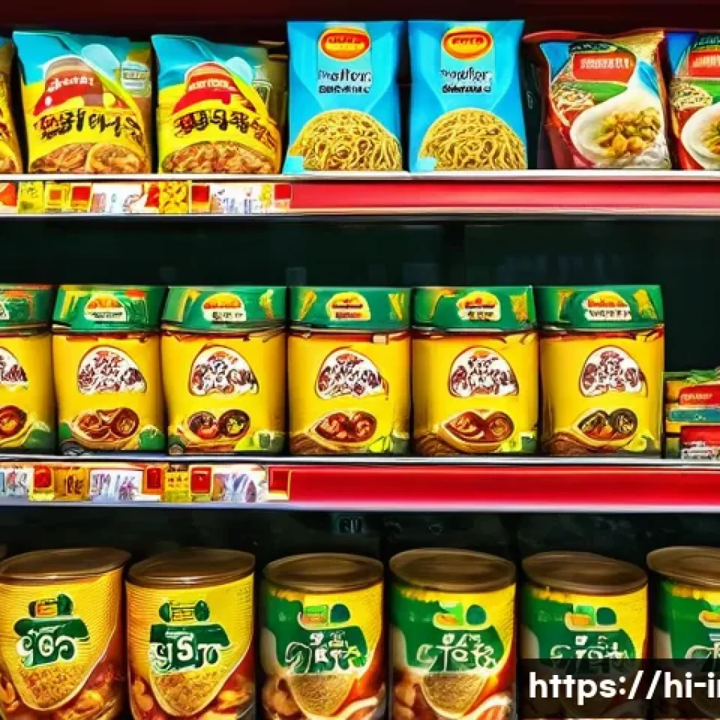 인스턴트 간편식 가격비교 - A vibrant Indian grocery store shelf filled with various instant noodle brands such as Maggi, Yippee...