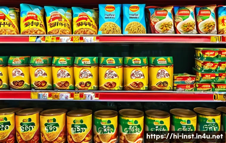 인스턴트 간편식 가격비교 - A vibrant Indian grocery store shelf filled with various instant noodle brands such as Maggi, Yippee...