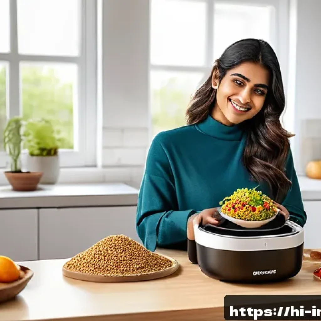 인스턴트 간편식의 시장 동향 - A vibrant, modern kitchen scene featuring a young Indian woman preparing instant food using smart ki...