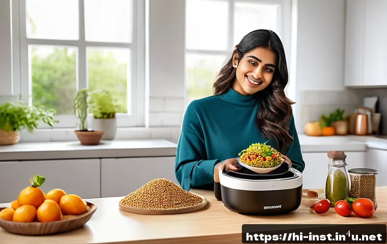 인스턴트 간편식의 시장 동향 - A vibrant, modern kitchen scene featuring a young Indian woman preparing instant food using smart ki...