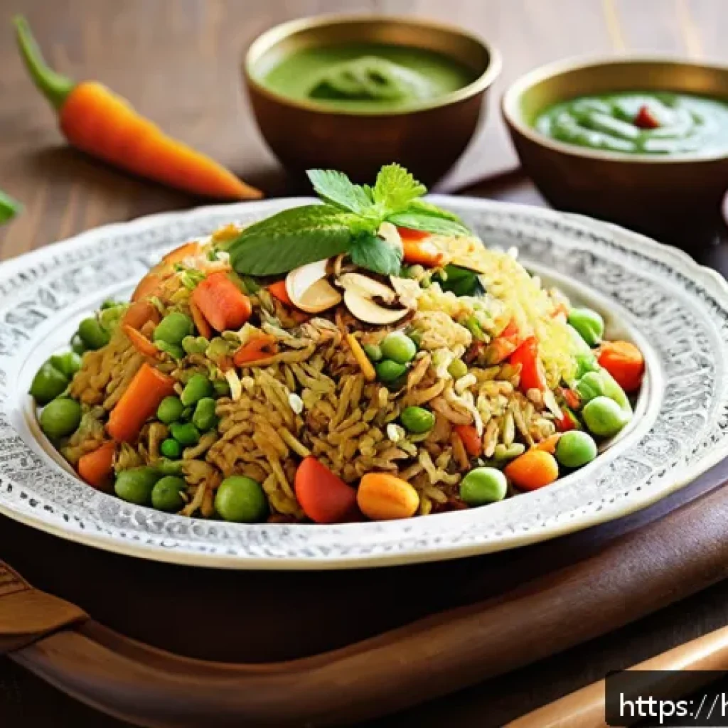 인스턴트 간편식 조리 방법 - A vibrant and appetizing plate of instant vegetable pulao featuring colorful fresh vegetables like c...