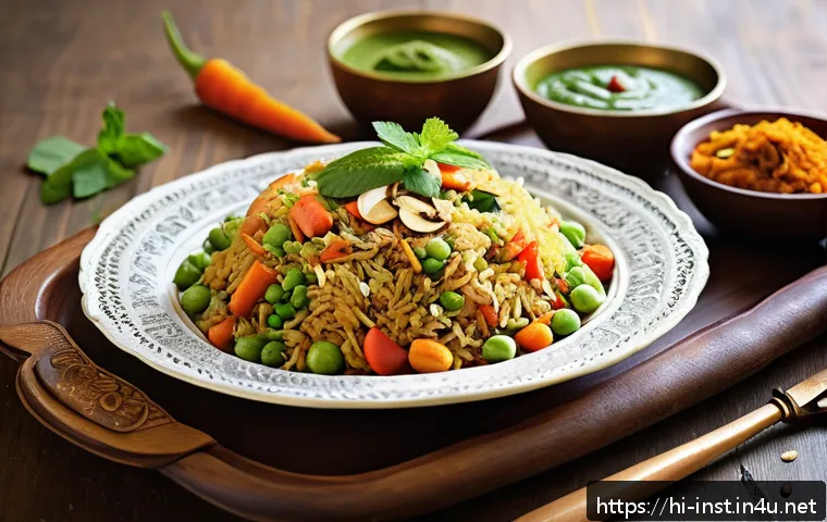 인스턴트 간편식 조리 방법 - A vibrant and appetizing plate of instant vegetable pulao featuring colorful fresh vegetables like c...