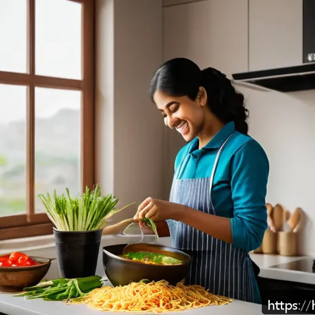 가성비 좋은 인스턴트 라면 - A vibrant, cozy kitchen scene featuring a young Indian working professional preparing instant noodle...