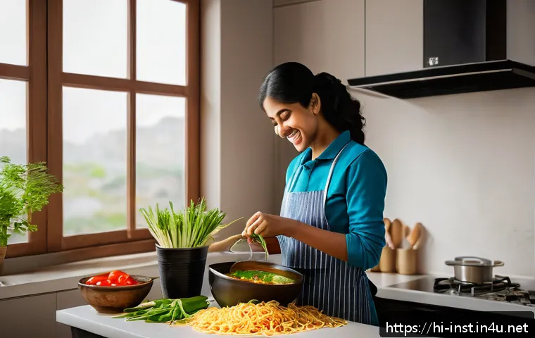 가성비 좋은 인스턴트 라면 - A vibrant, cozy kitchen scene featuring a young Indian working professional preparing instant noodle...