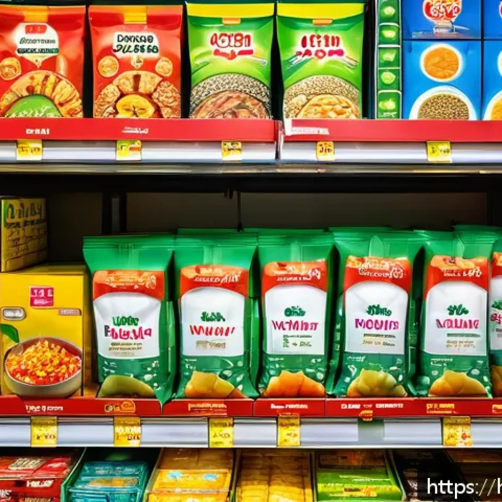 인스턴트 식품의 가격 비교 - A vibrant Indian grocery store shelf displaying a variety of instant food packets such as noodles, s...