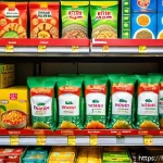 Home 22 인스턴트 식품의 가격 비교 - A vibrant Indian grocery store shelf displaying a variety of instant food packets such as noodles, s...