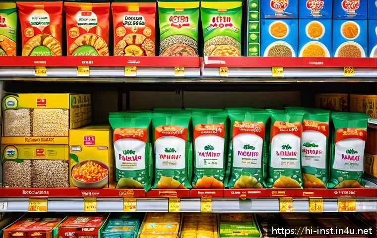 인스턴트 식품의 가격 비교 - A vibrant Indian grocery store shelf displaying a variety of instant food packets such as noodles, s...