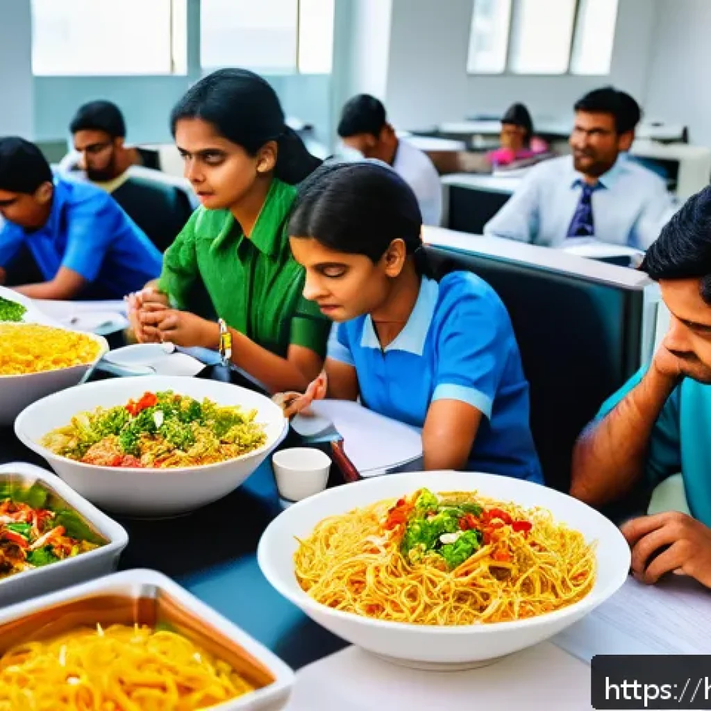소비자들이 선호하는 인스턴트 간편식 - A busy Indian office environment with diverse people, including men and women dressed in casual and ...