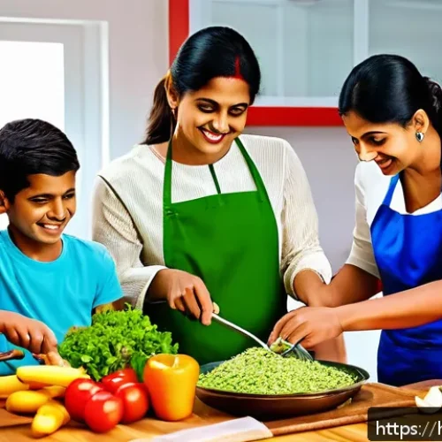 Home 32 간편식 영양소 함량 - A colorful and vibrant kitchen scene showing a Hindi-speaking Indian family preparing a balanced mea...