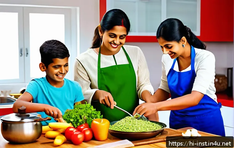 간편식 영양소 함량 - A colorful and vibrant kitchen scene showing a Hindi-speaking Indian family preparing a balanced mea...