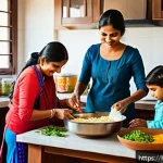 Home 19 인스턴트 식품의 장점 - A vibrant and cozy Indian family kitchen scene featuring a busy mother preparing instant noodles and...