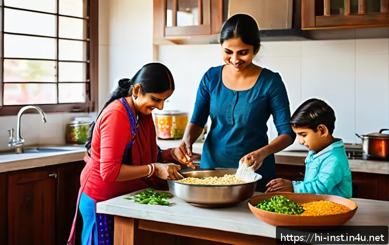 인스턴트 식품의 장점 - A vibrant and cozy Indian family kitchen scene featuring a busy mother preparing instant noodles and...