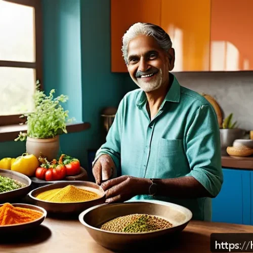Home 30 인스턴트 제품의 안전성 - A detailed, realistic kitchen scene showing a middle-aged Hindi-speaking Indian person preparing fre...