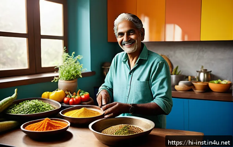 인스턴트 제품의 안전성 - A detailed, realistic kitchen scene showing a middle-aged Hindi-speaking Indian person preparing fre...