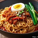 Home 23 인스턴트 라면의 종류와 비교 - A vibrant and detailed close-up of a steaming bowl of spicy Korean-style instant noodles, featuring ...