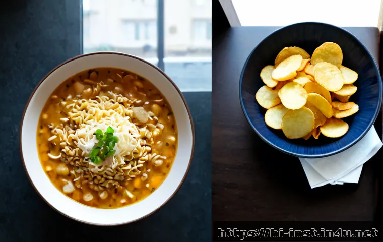 고칼로리 인스턴트 식품 - Photorealistic overhead kitchen table scene featuring high-calorie instant foods: a steaming bowl of...