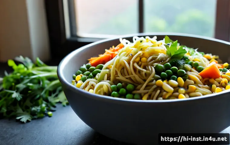 Home 17 식물성 식품 인스턴트 - Photorealistic modern Indian kitchen countertop with a steaming bowl of instant plant-based vegetabl...
