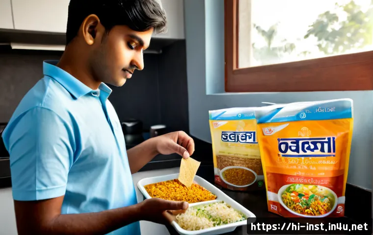 Home 17 인스턴트 간편식 소비 트렌드 - Photorealistic modern Indian kitchen counter showing a young Hindi Indian professional choosing betw...
